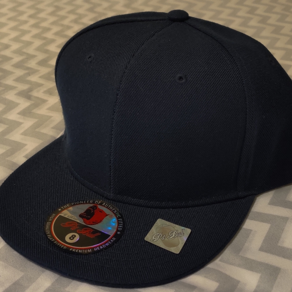 Pit Bull, navy bl, flat bill, fitted baseball cap.